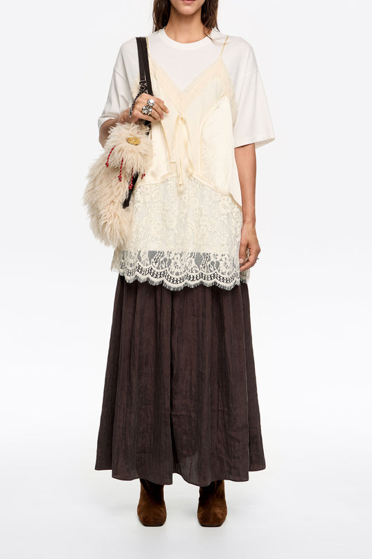 Brown pleated A-line midi skirt