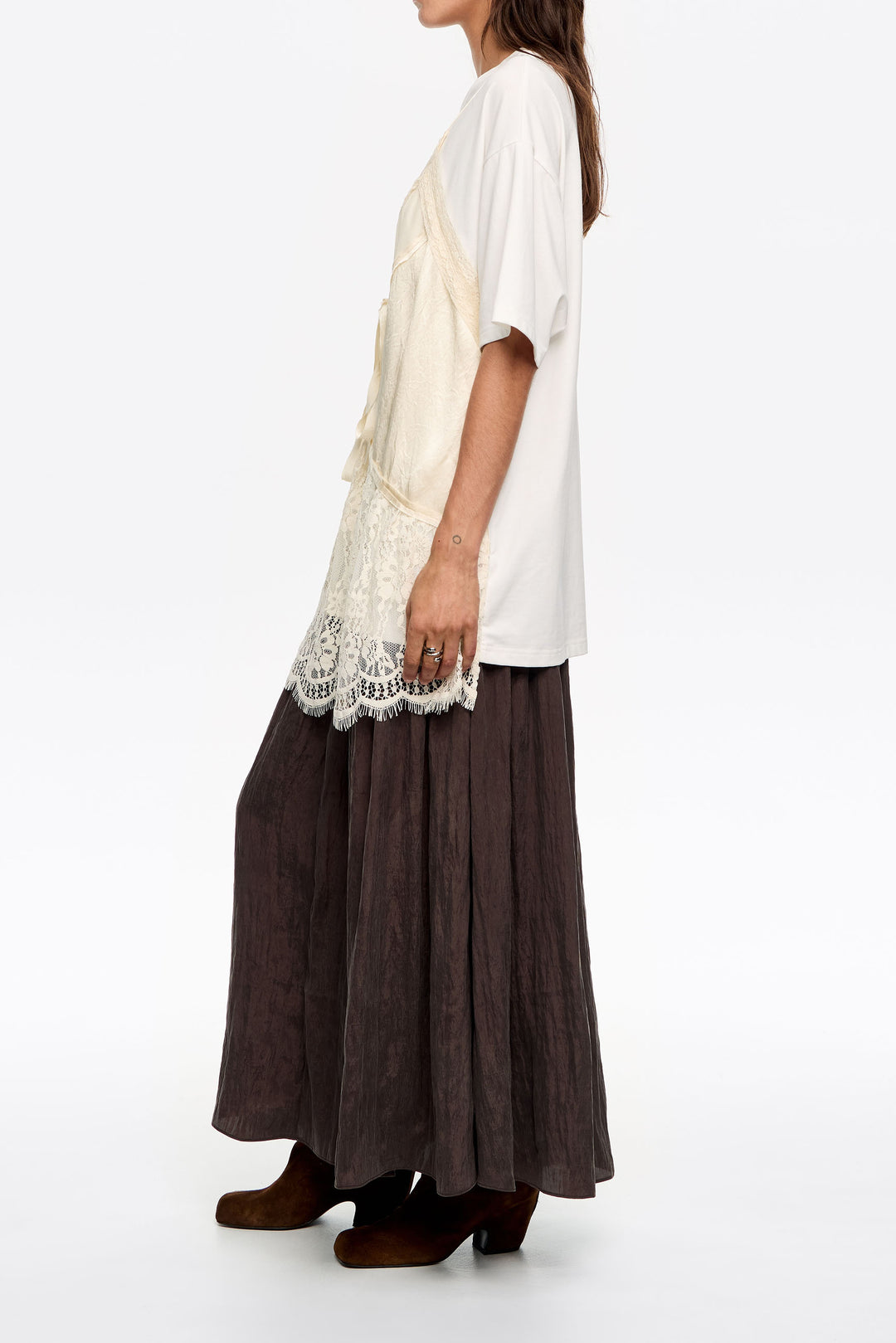 Brown pleated A-line midi skirt