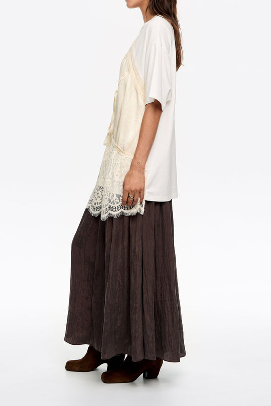 Brown pleated A-line midi skirt