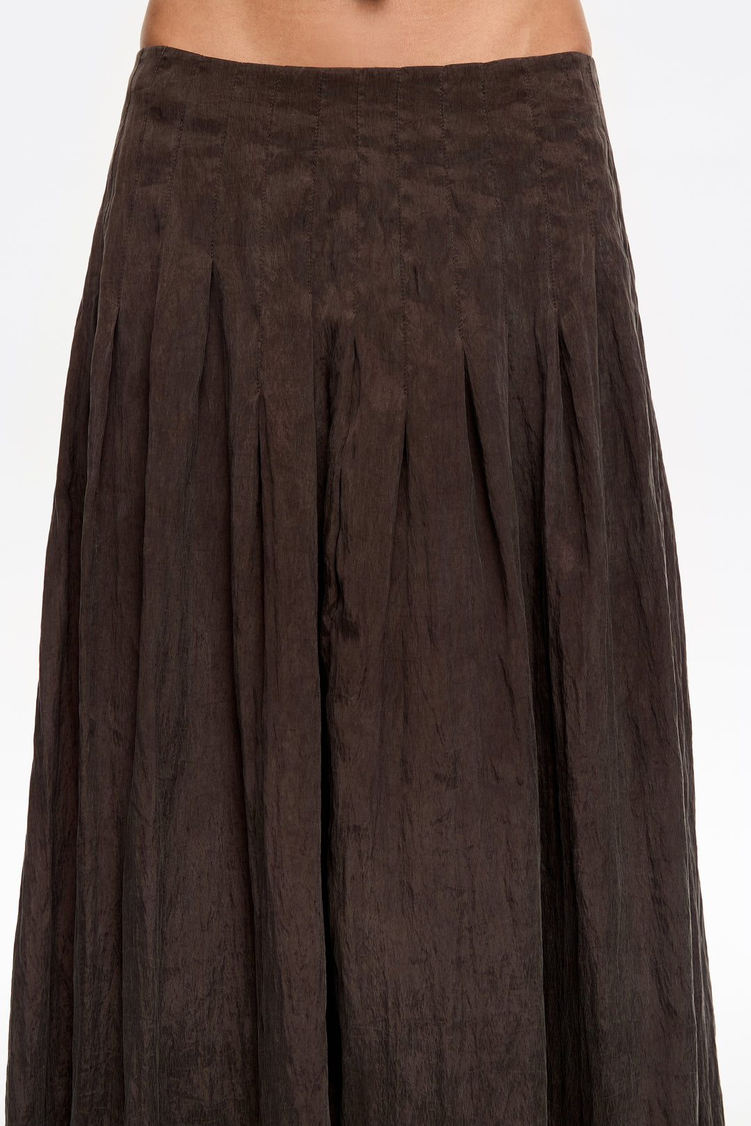 Brown pleated A-line midi skirt