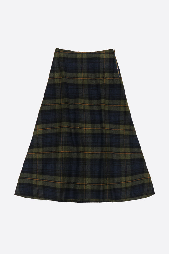 Khaki checked wool A-line skirt