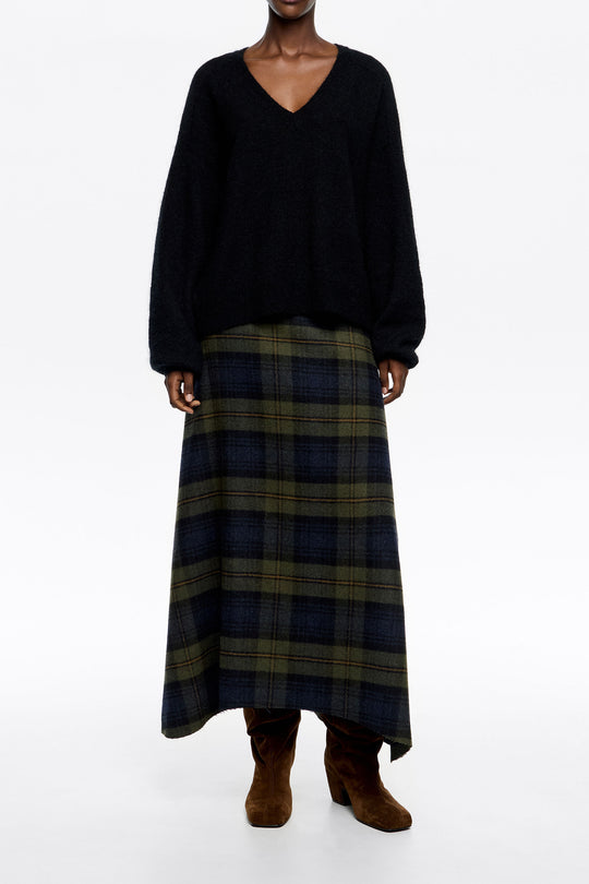 Khaki checked wool A-line skirt