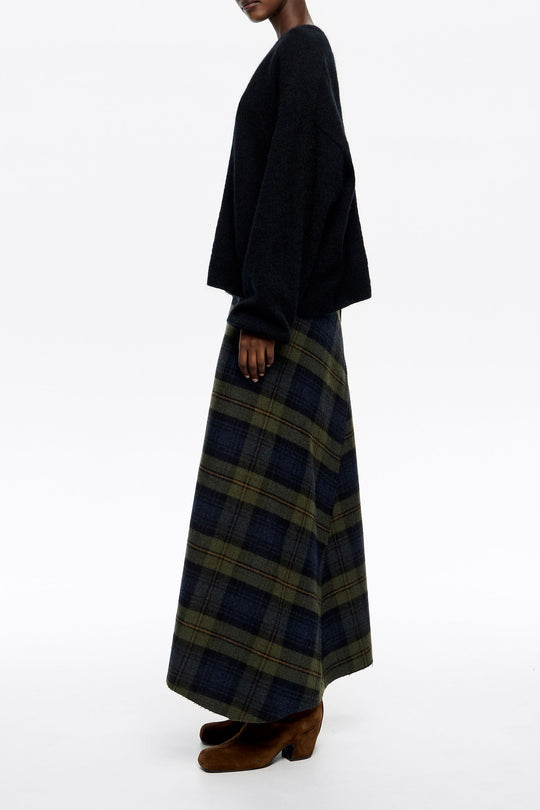 Khaki checked wool A-line skirt