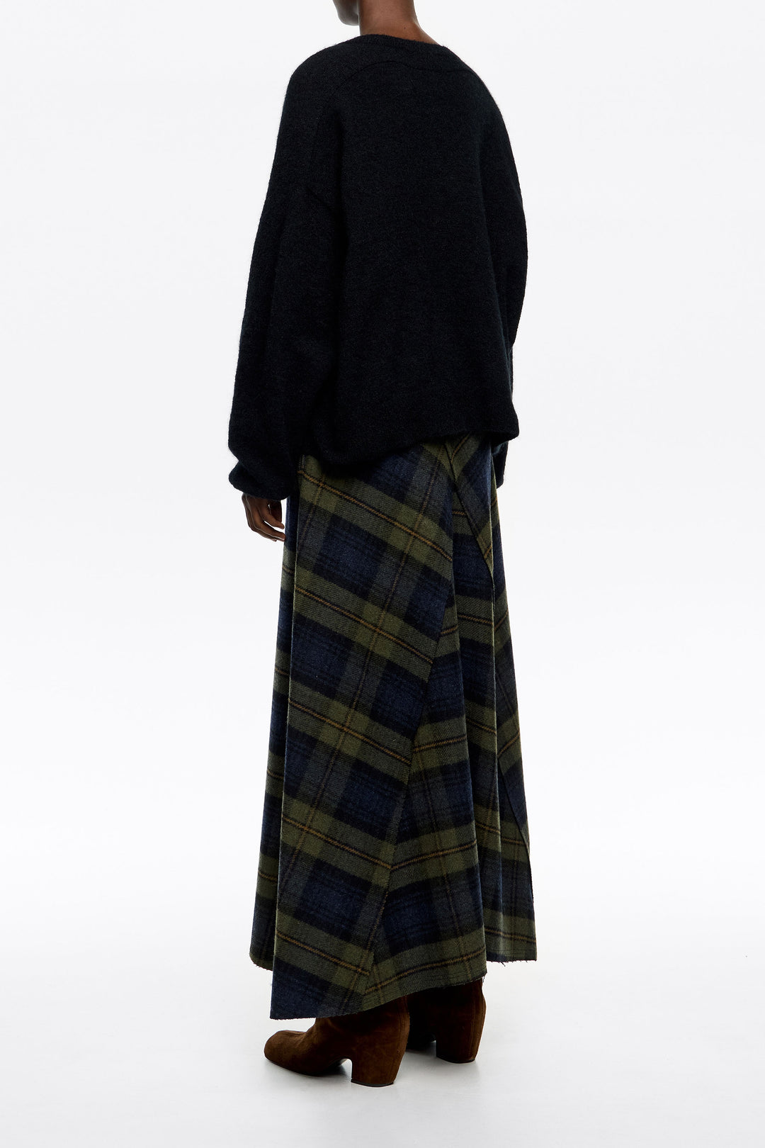 Khaki checked wool A-line skirt