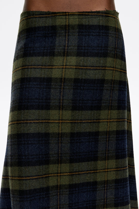 Khaki checked wool A-line skirt