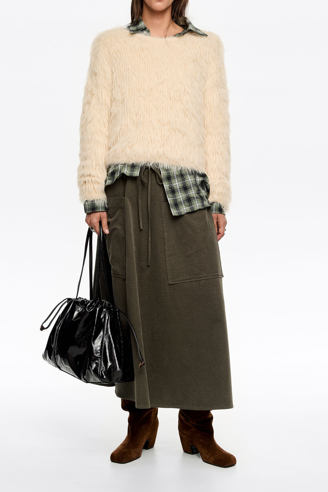 Khaki adjustable waist midi skirt
