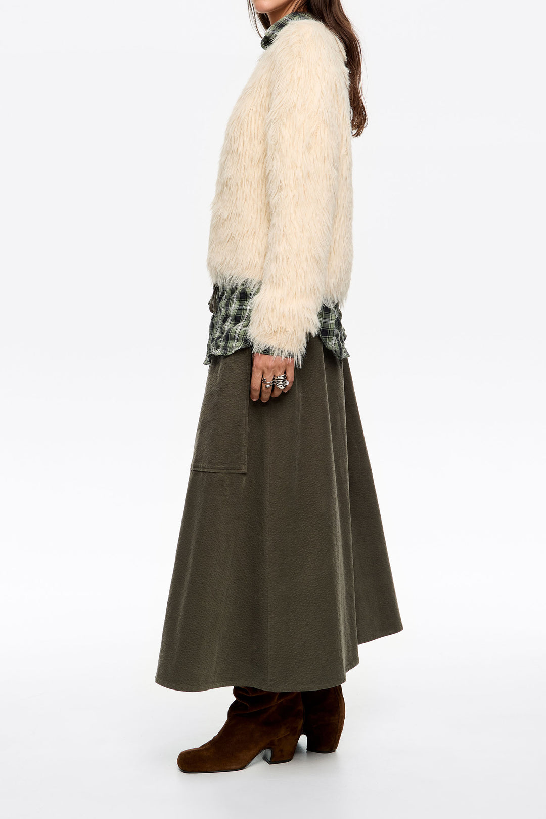 Khaki adjustable waist midi skirt