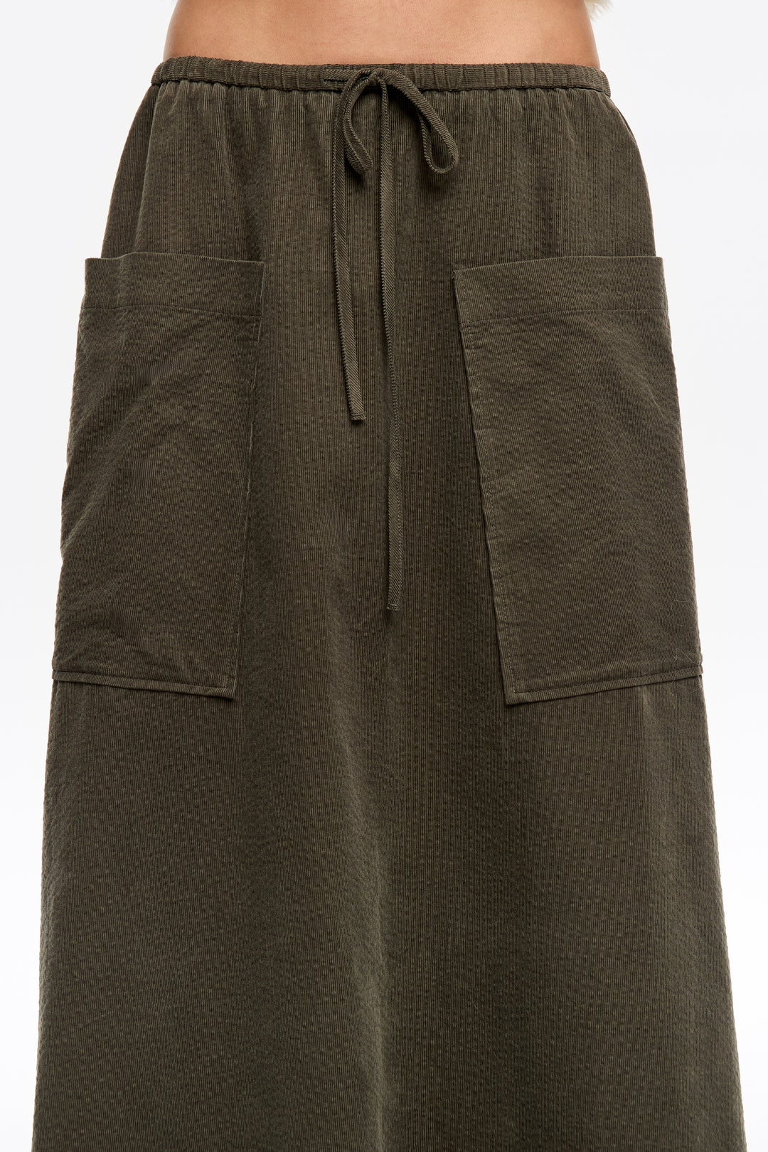 Khaki adjustable waist midi skirt