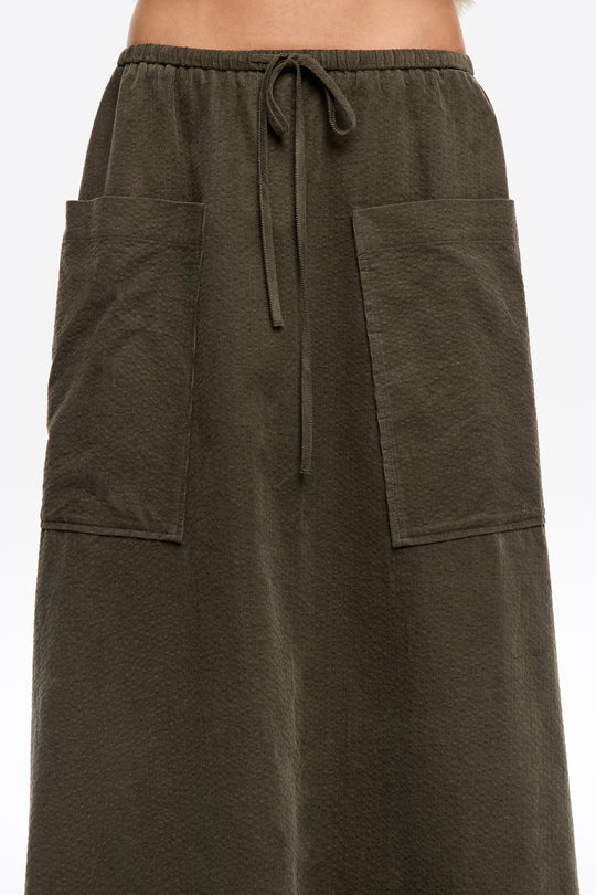 Khaki adjustable waist midi skirt