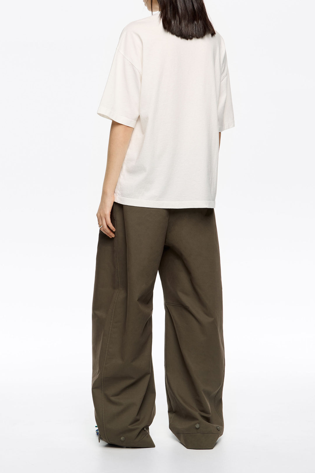 Dark khaki adjustable barrel leg trousers
