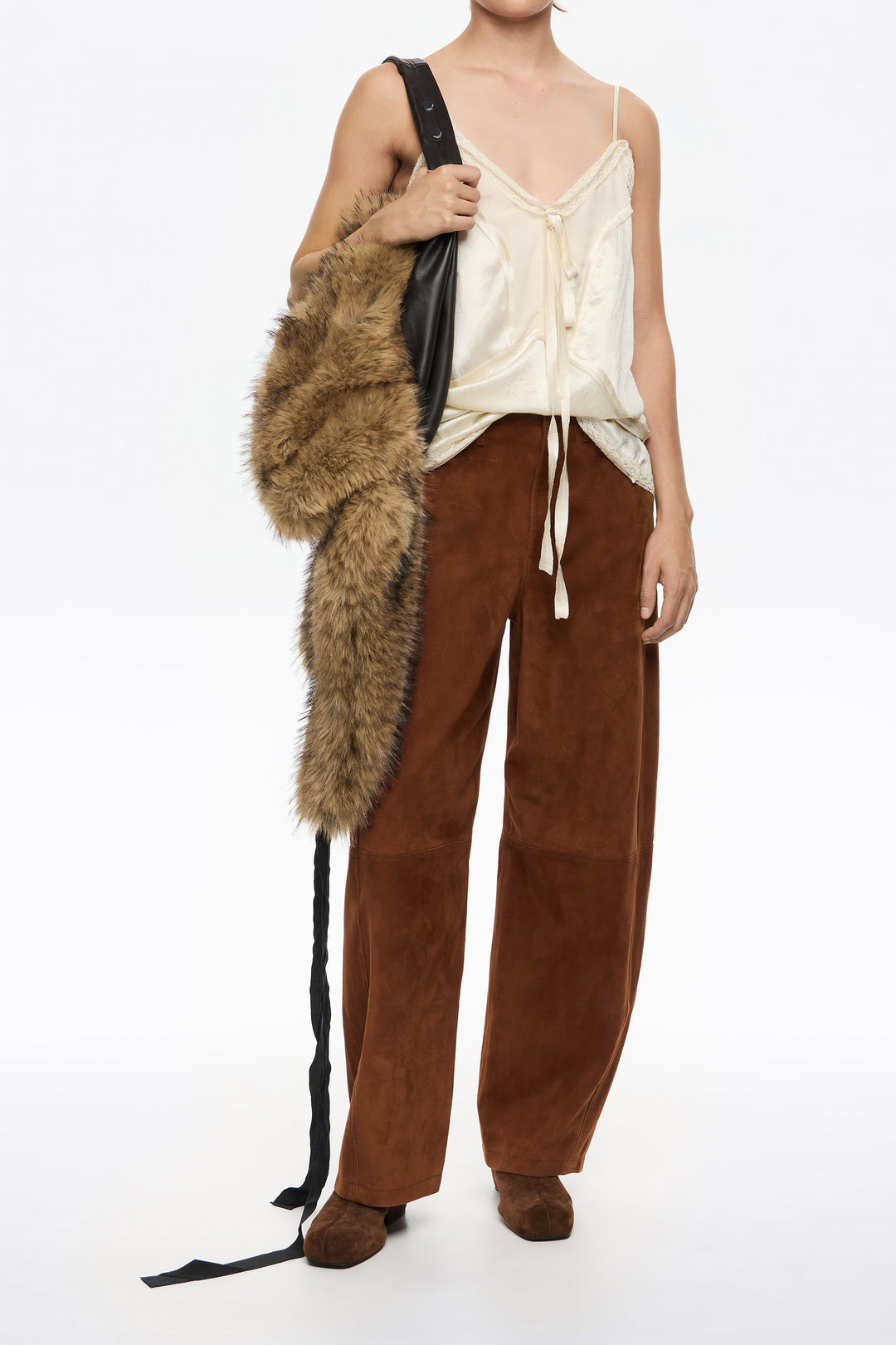 Caramel leather barrel leg trousers