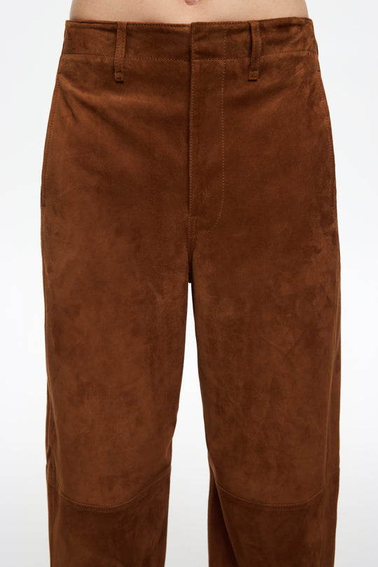 Caramel leather barrel leg trousers
