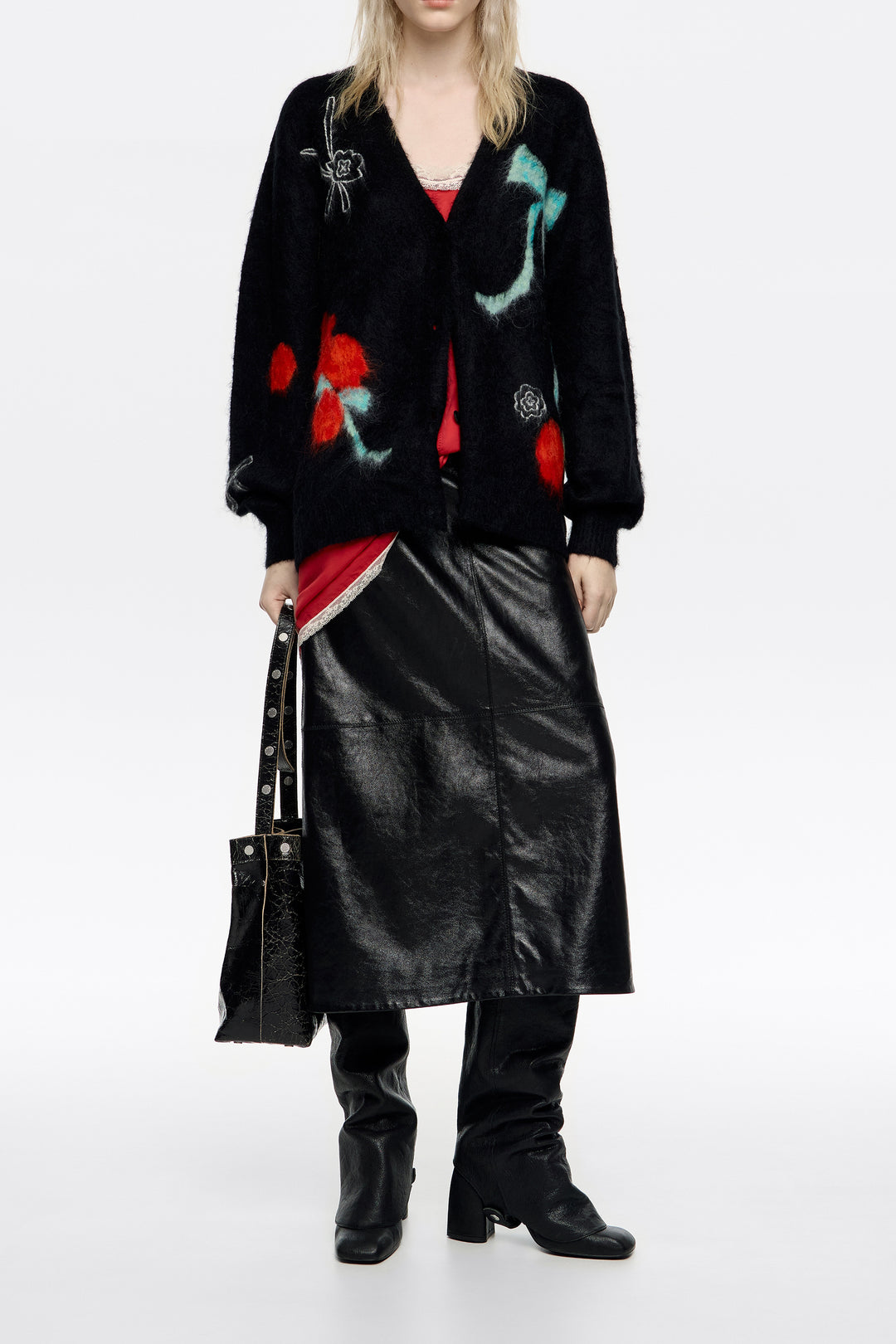 Long black cardigan with multicolored bows