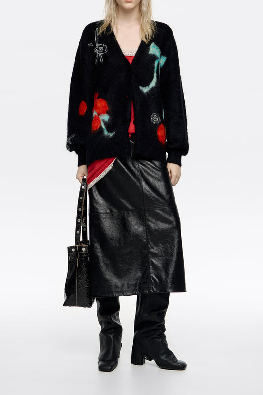 Long black cardigan with multicolored bows