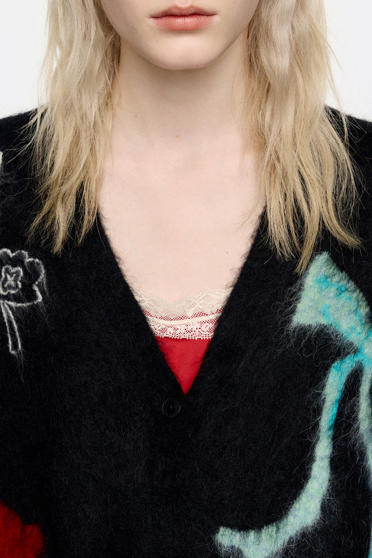 Long black cardigan with multicolored bows