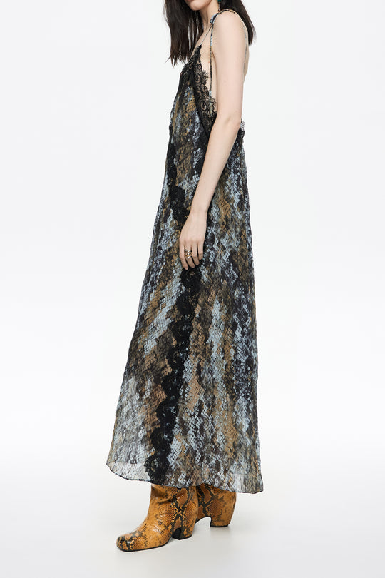 Khaki Snake pleated lace dress