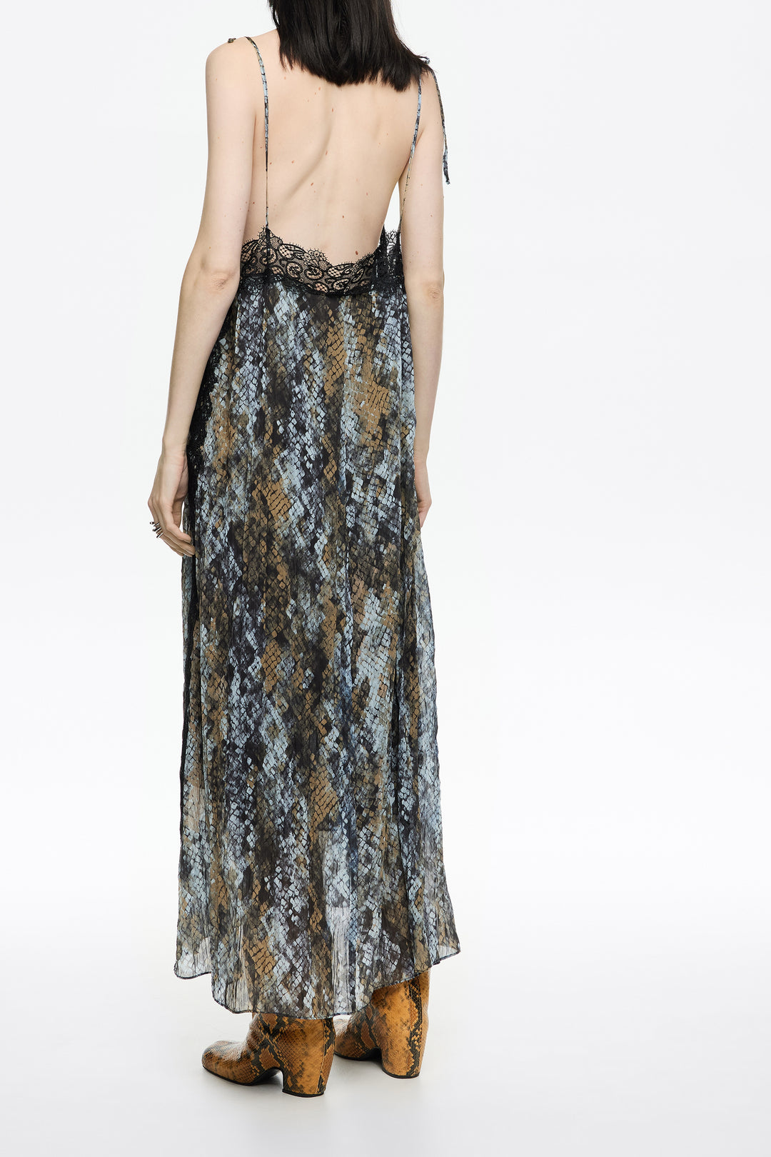 Khaki Snake pleated lace dress