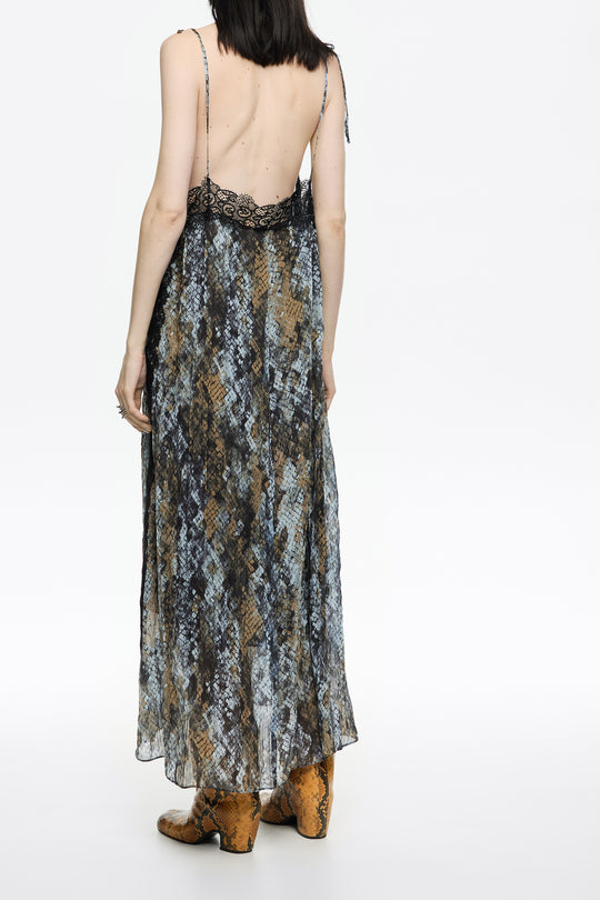 Khaki Snake pleated lace dress