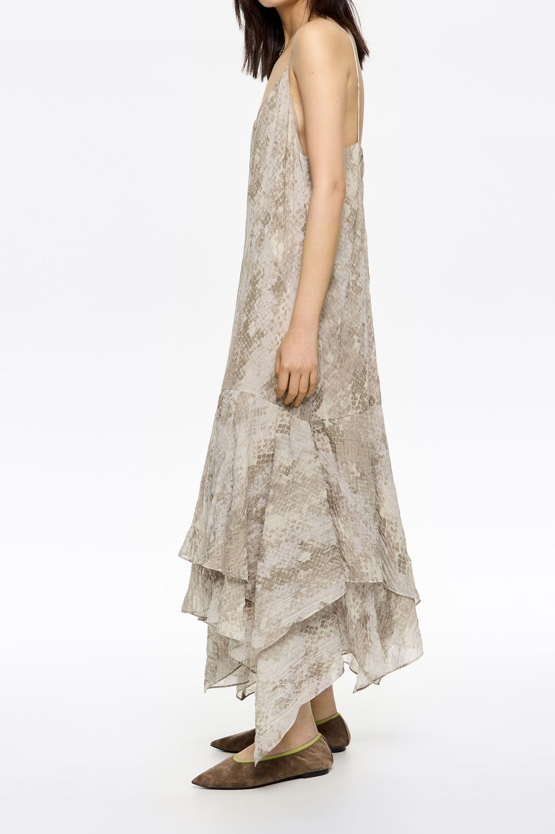 Taupe Snake asymmetric pleated dress