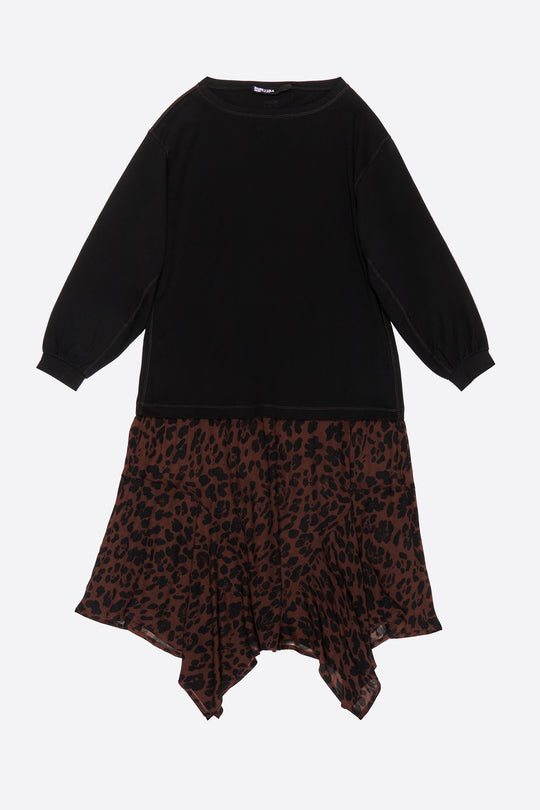 Dark brown Big Leopard 2 in 1 dress with asymmetric skirt