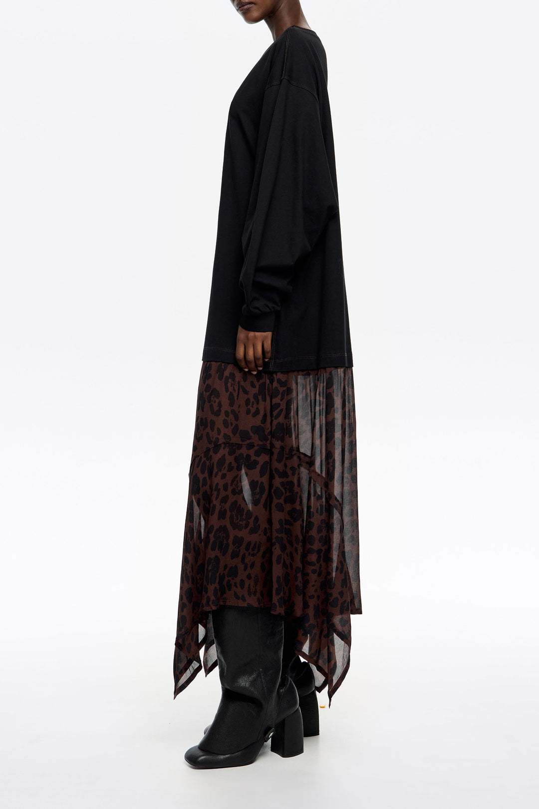 Dark brown Big Leopard 2 in 1 dress with asymmetric skirt