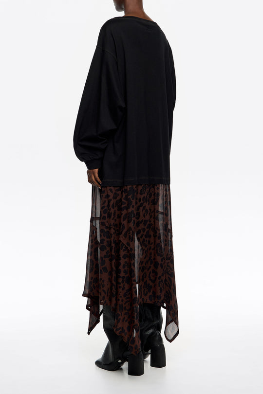 Dark brown Big Leopard 2 in 1 dress with asymmetric skirt