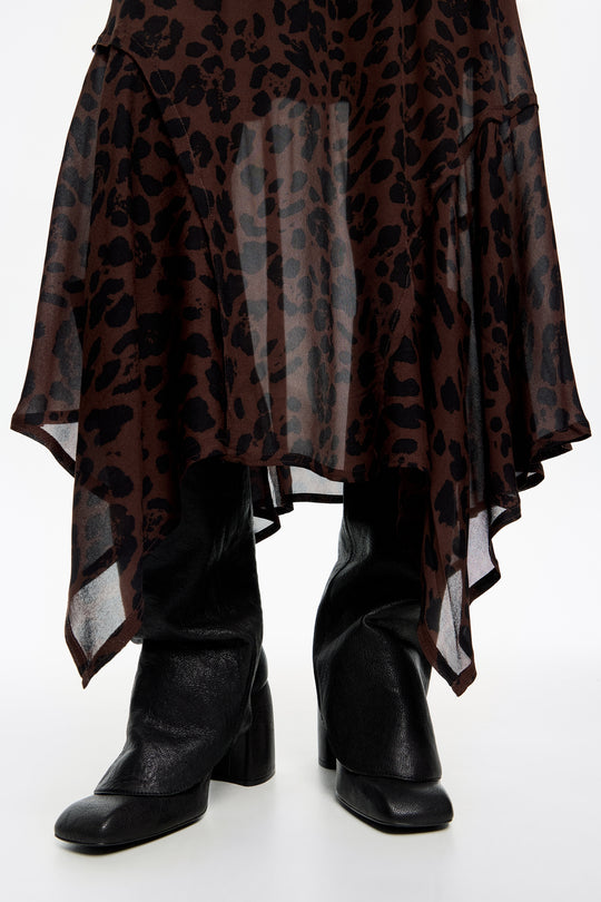 Dark brown Big Leopard 2 in 1 dress with asymmetric skirt
