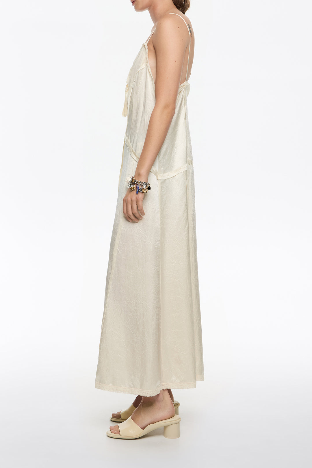 Beige mixed fabrics straight cut midi dress