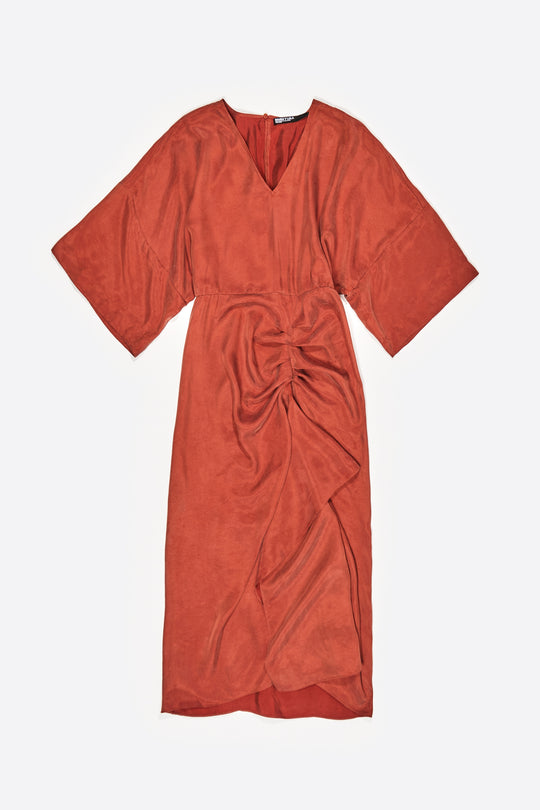 Burnt orange fluid ruffle dress