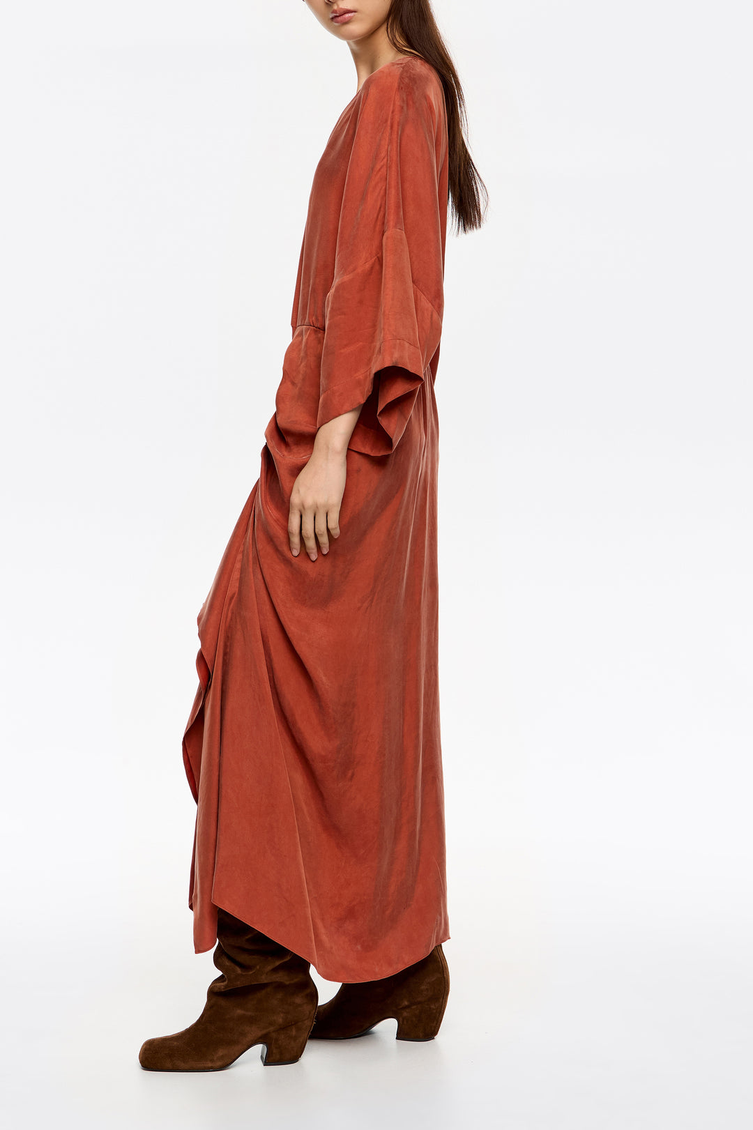 Burnt orange fluid ruffle dress