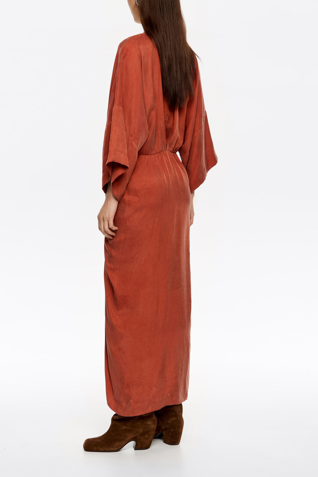 Burnt orange fluid ruffle dress