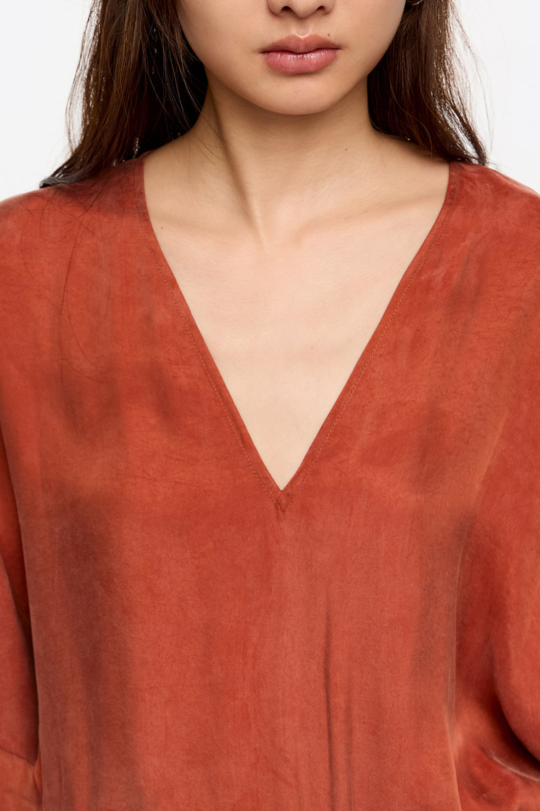 Burnt orange fluid ruffle dress