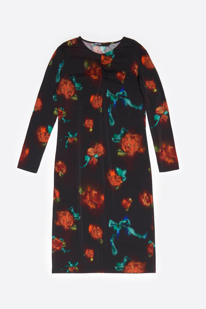Black Ribbon Roses ruched neckline dress