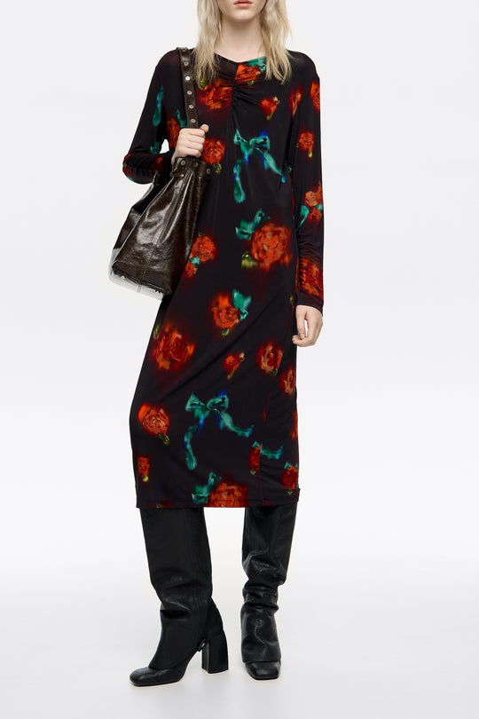 Black Ribbon Roses ruched neckline dress