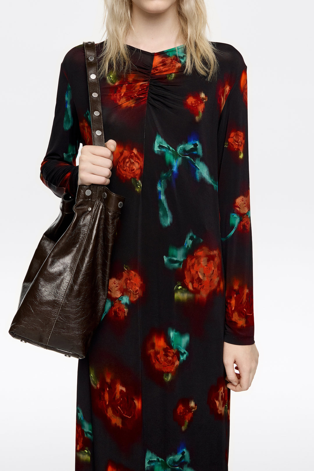 Black Ribbon Roses ruched neckline dress