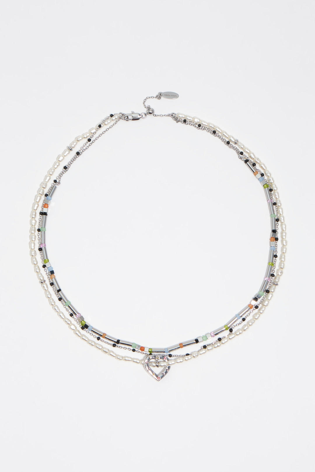 Triple silver chain necklace with pearls heart logo