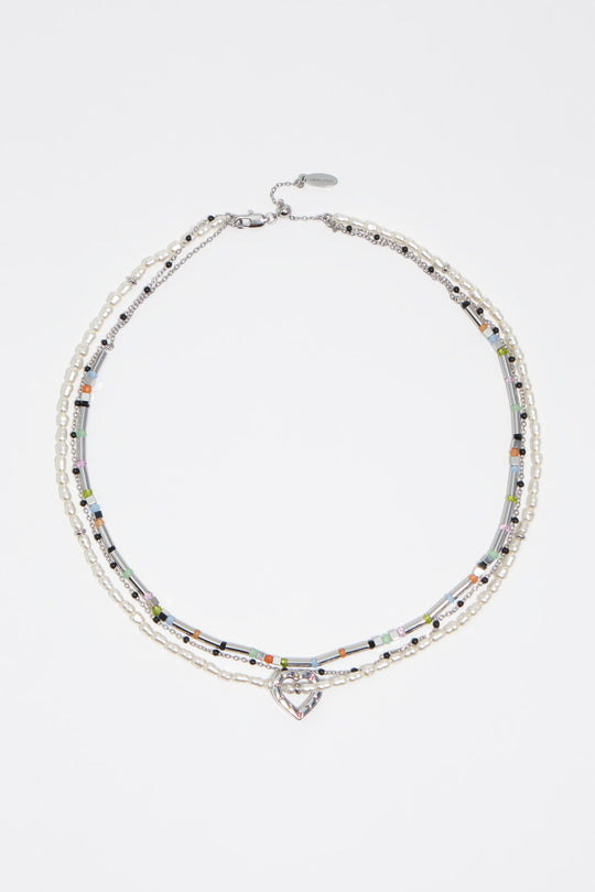 Triple silver chain necklace with pearls heart logo