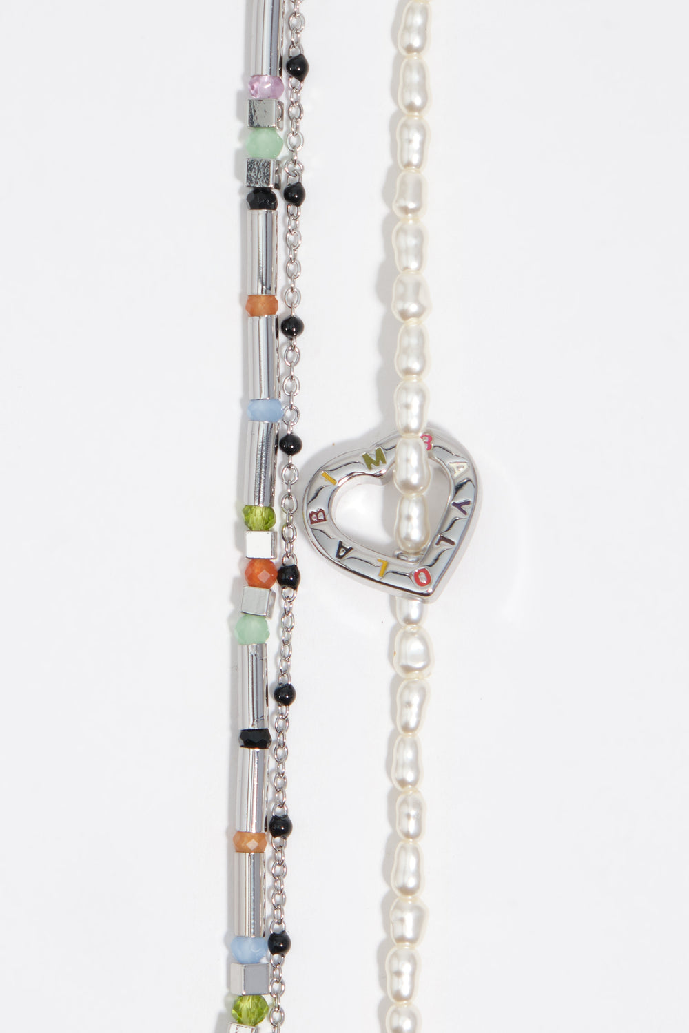 Triple silver chain necklace with pearls heart logo