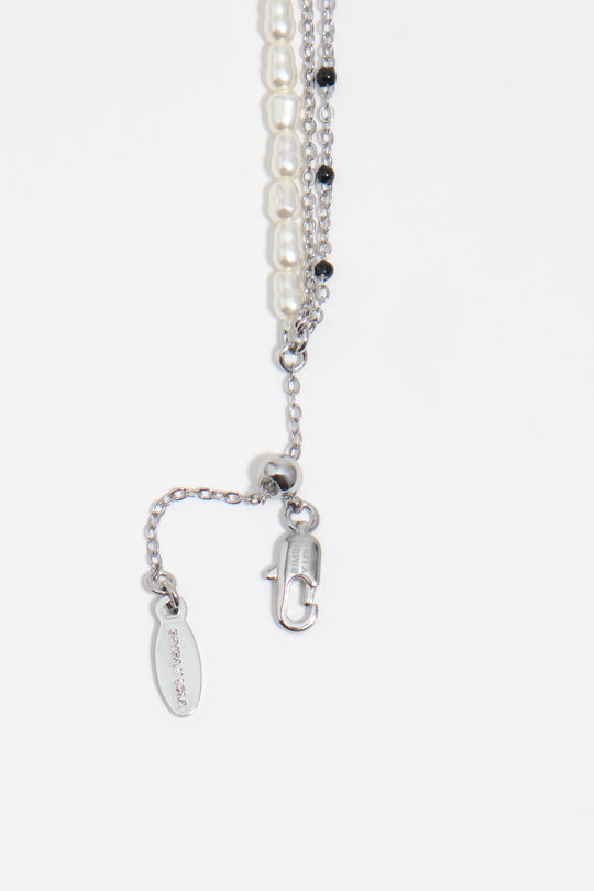 Triple silver chain necklace with pearls heart logo