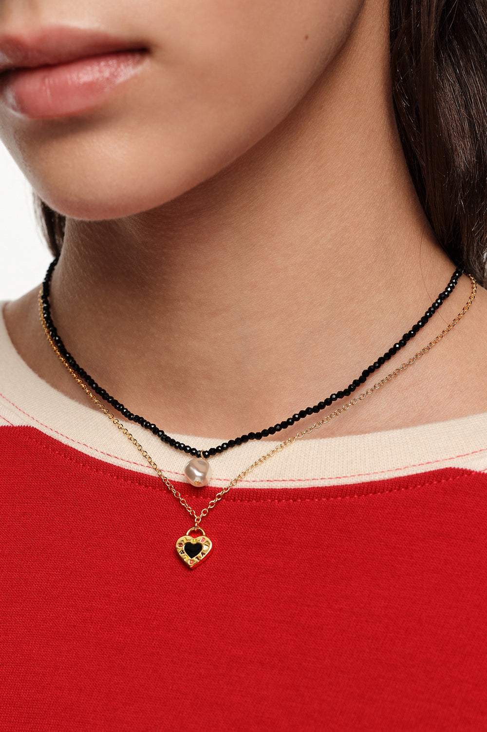 Double black crystals and pearl necklace