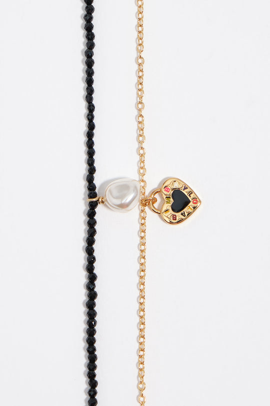 Double black crystals and pearl necklace