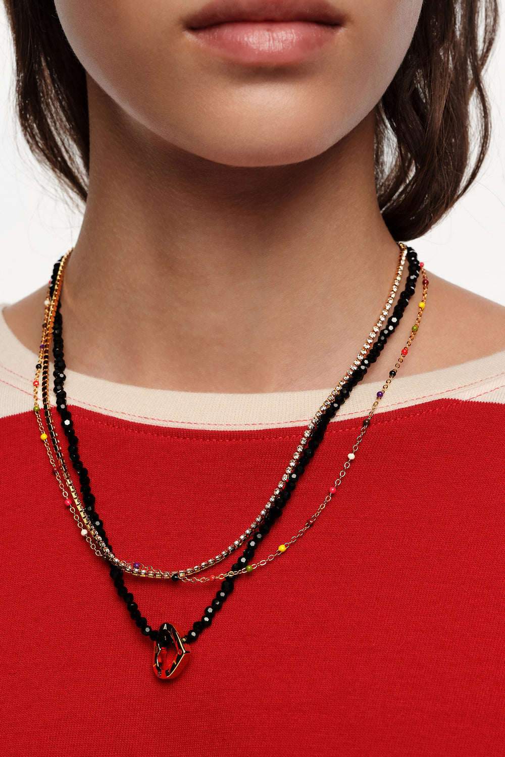 Double necklace with black crystals and heart logo