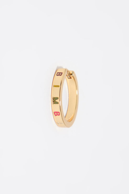 Gold hoop earrings with multicolor logo