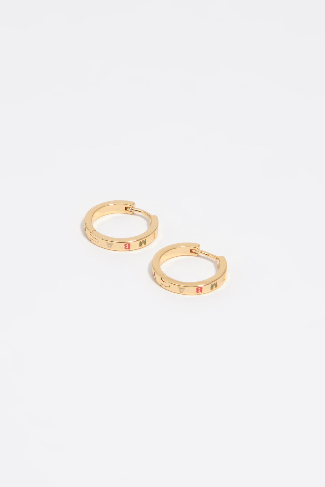 Gold hoop earrings with multicolor logo