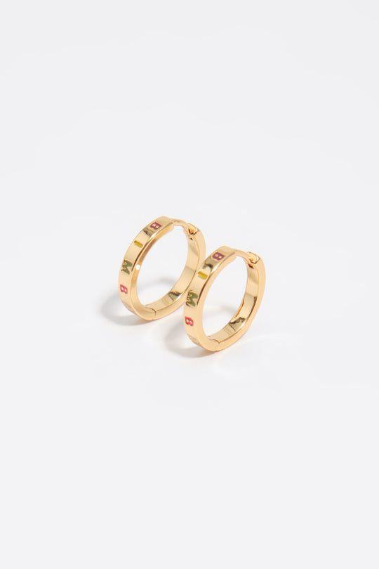 Gold hoop earrings with multicolor logo