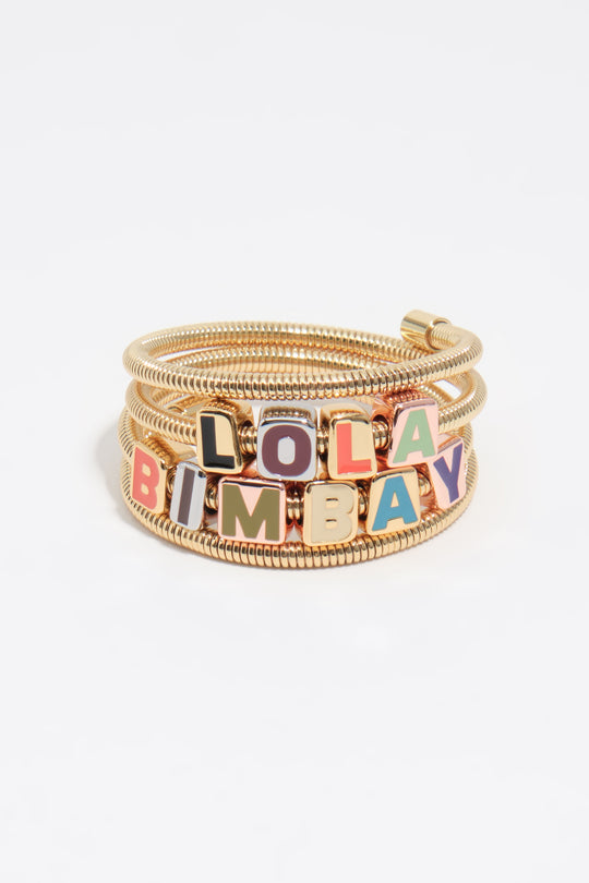 Spiral bracelet with multicolored dice logo