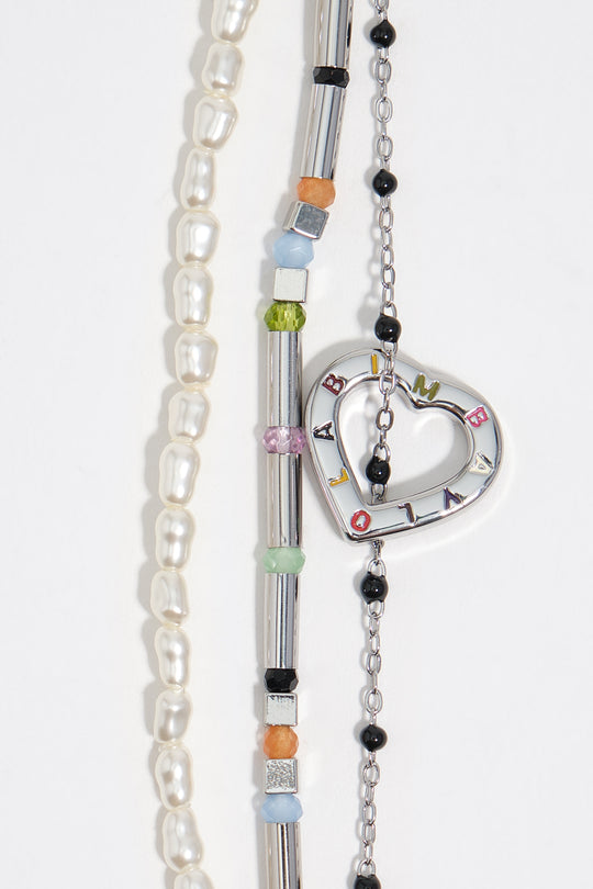 Triple silver-tone chain and pearl heart logo bracelet