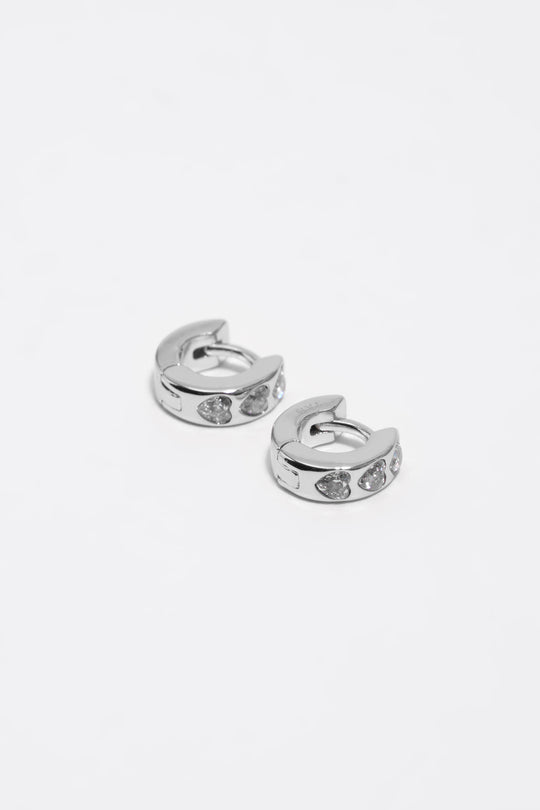 Silver heart mini hoop earrings with crystals