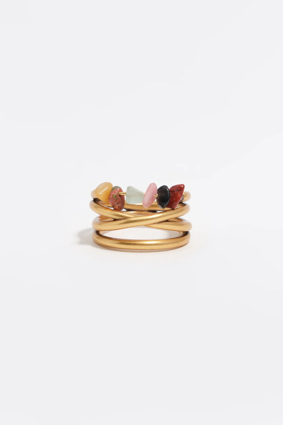 Matte gold crossed bands and stones ring