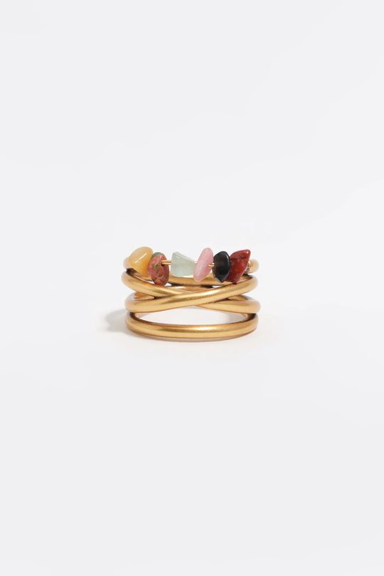 Matte gold crossed bands and stones ring
